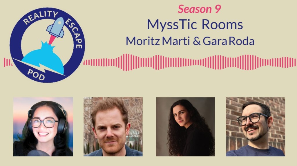hero image for Season 9 Myss Tic escape rooms with asian woman in glasses, man with dark blonde hair and stubble, woman with long curly hair, and man with glasses and dark brown goattee