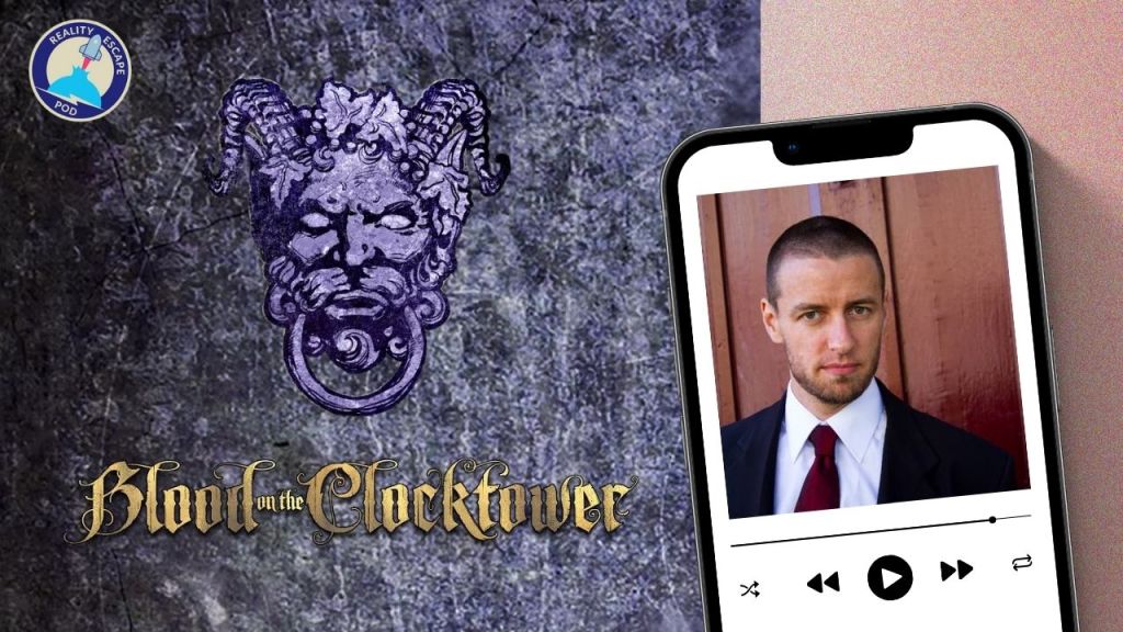 hero image with man with very short hair and short half bear in a suit with red tie on a phone, image reads "Blood on the Clocktower"