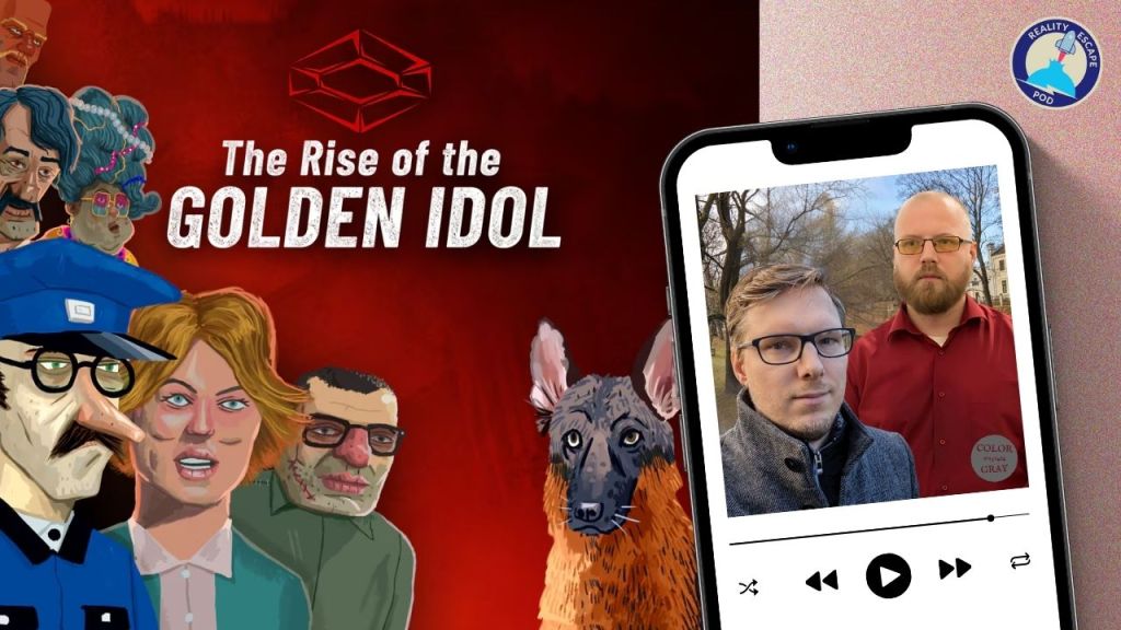 image of two men with glasses on a smartphone, in front of an image with cartoon caracters.