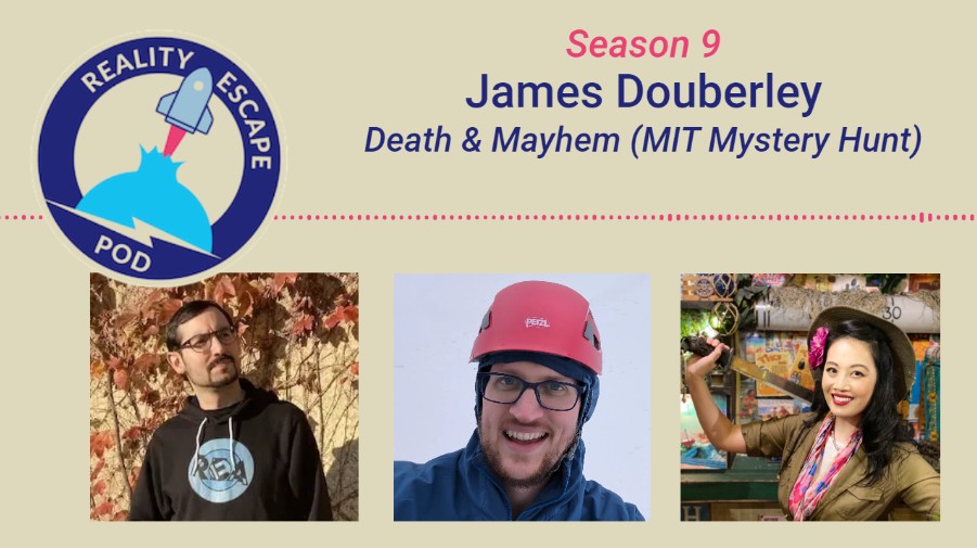 hero image for REPOD Season 9 James Douberley, Death and Mayhem. image of david spira and PG law, and james, a man in a blue jacket, goatee, wearing glasses and a pink climbing helmet