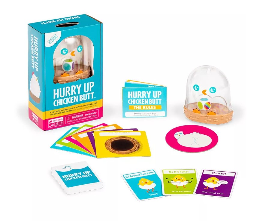 game components for Hurry Up Chicken Butt including plastic container decorated like a chick and assortment of game cards