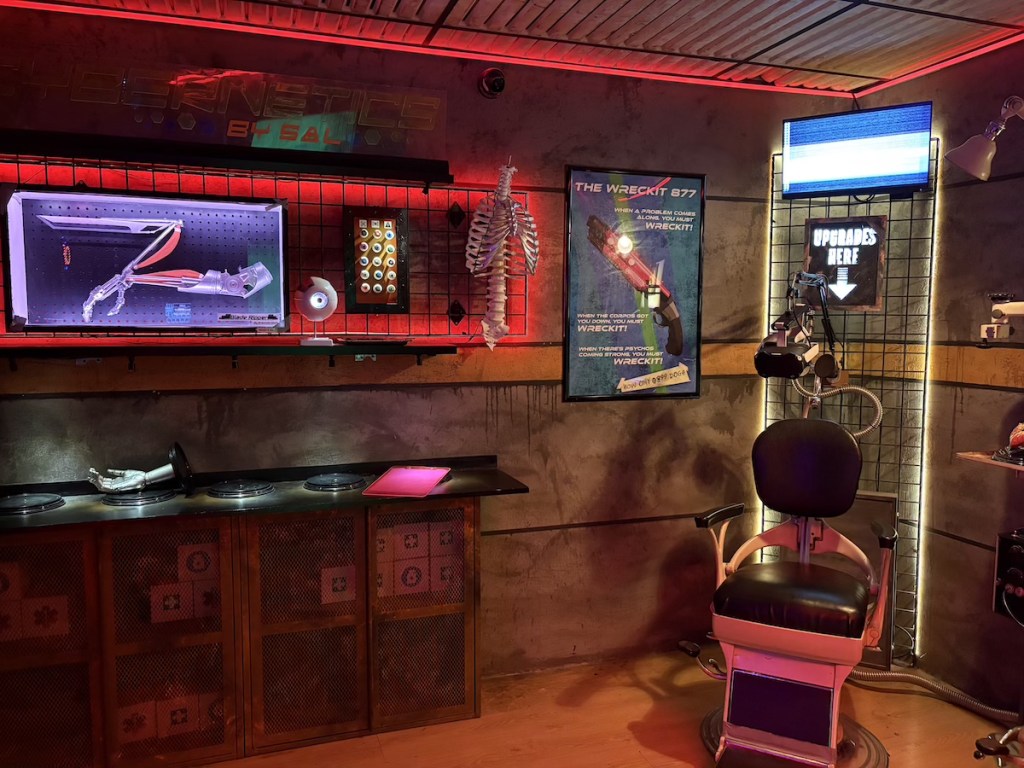 Neon-lit cyberpunk back-alley upgrade surgical bay.