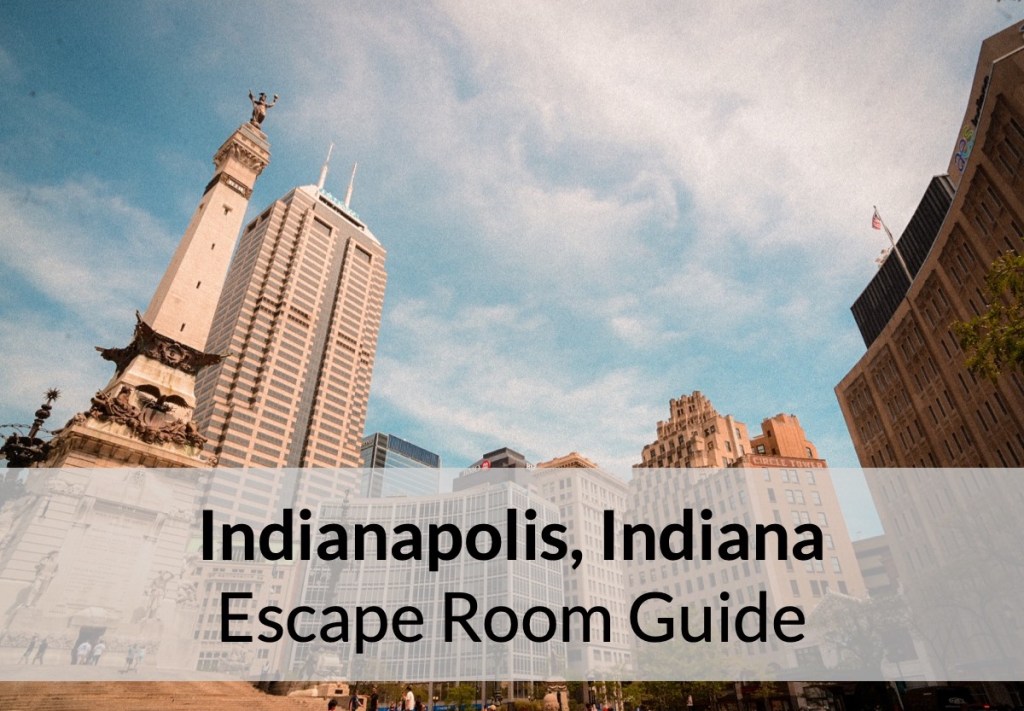 Reads: "Indianapolis, Indiana Escape Room Guide." Depicts the Indianapolis War Memorial.