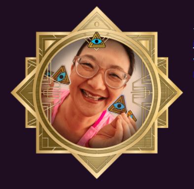 asian woman smiling, wearing glasses and a pink tank top, holding up stickers with the recon logo