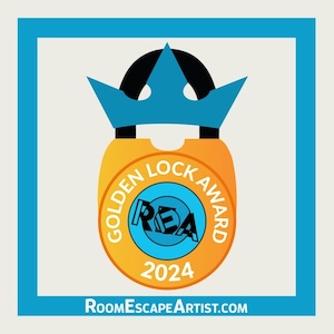 2024 Golden Lock Award by Room Escape Artist. Image depicts a golden lock with a blue crown. The REA logo is set in the center.