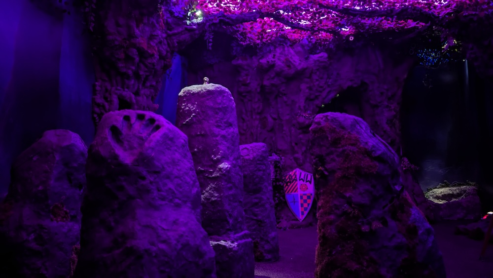 A cave with stalagmites and a knight's shield. Everything is bathed in purple light.