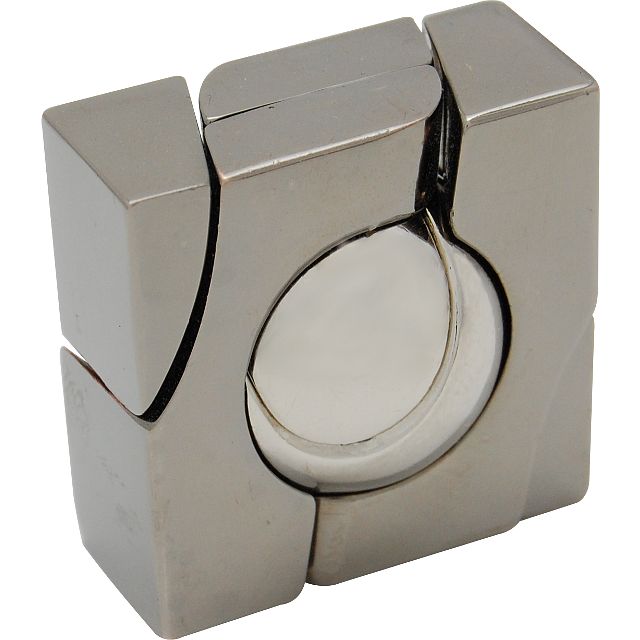metal puzzle object that is square in shape holding a round ball in the center