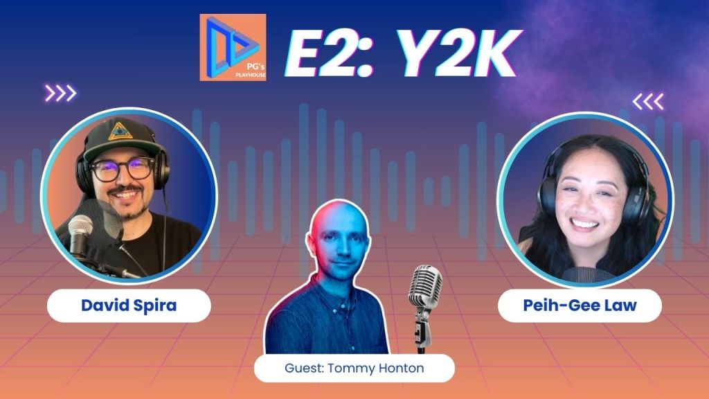 Hero image for PG's Playhouse E2: Y2K. man wearing a cap, headphones with glasses and goatee in front of mic. Asian woman wearing headphones. Bald man in button down denim shirt with enigmatic smile with a microphone