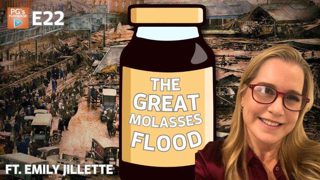 vintage photo from 1900's with image of jar reading "the great molasses flood" image of woman with long blonde hair, red glasses and a red button down shirt