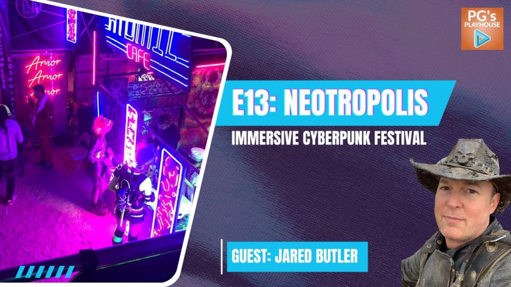 Neon-lit area with people dressed in futuristic costumes. To the right is a man wearing a black cowboy hat with a skull detail and a dusty black leather jacket. Titled Neotropolis: Immersive Cyberpunk Festival, Guest: Jared Butler