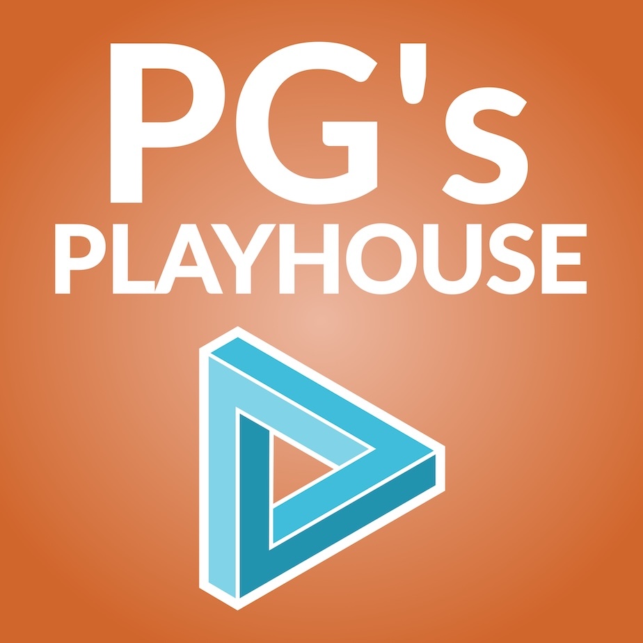 Orange PG's Playhouse logo with a blue penrose triangle "play button."