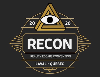 Reality Escape Convention, RECON 2026 Laval, Quebec logo depicting art deco line work in gold, with the golden RECON penrose triangle logo.
