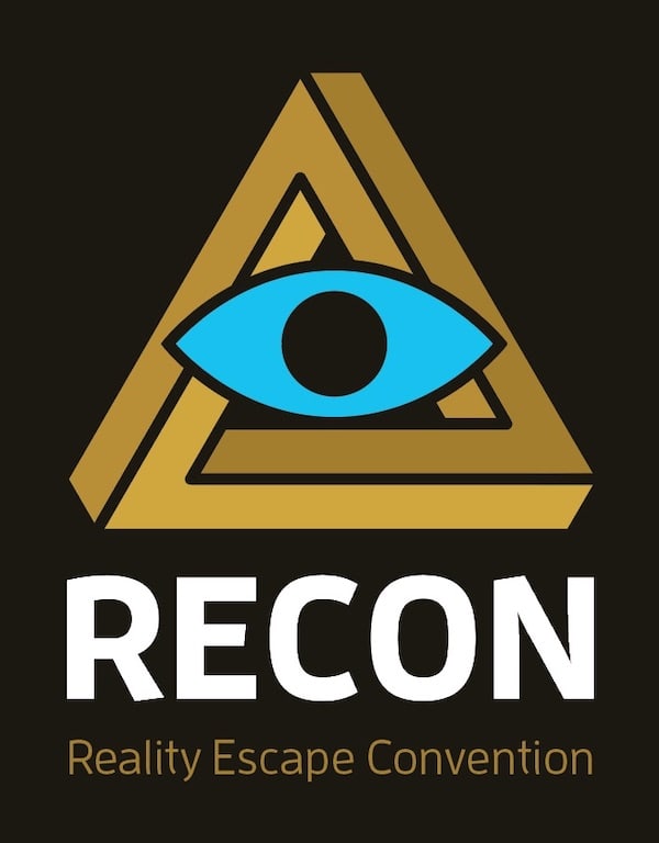 RECON - Reality Escape Convention logo features a penrose triangle and and a blue eye.