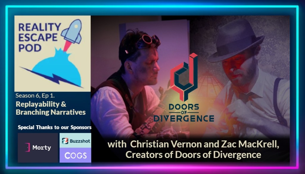 Hero image for REPOD S6E1 Replayability & Branching Narratives with Christian Vernon and Zac MacKrell, Creators of Doors of Divergence. Man with steampunk googles on his forehead and smudges of dirt on his cheek thoughtfully examining a gadget. Opposite him is a man wearing a fedora and suspenders with a button down shirt show is looking at a gadget filled with light.