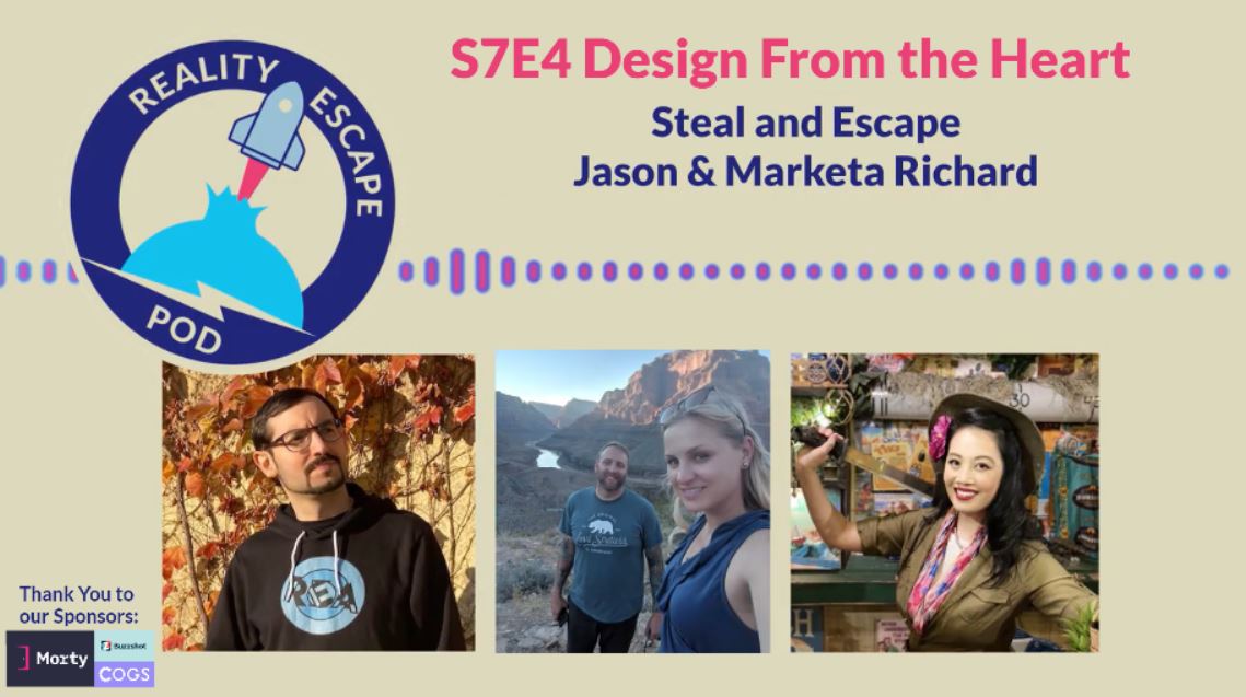 Audiogram image for S7E4 Design from the Heart, Steal and Escape Jason a& Marketa Richard. left: image of man in black sweatshirt with glasses an goattee. middle; man and woman in wilderness. she is blonde with blue tank top, he is bearded with short hair and teal t-shirt. Right: asian woman smiling wearing safari hat & jacket, holding a machete