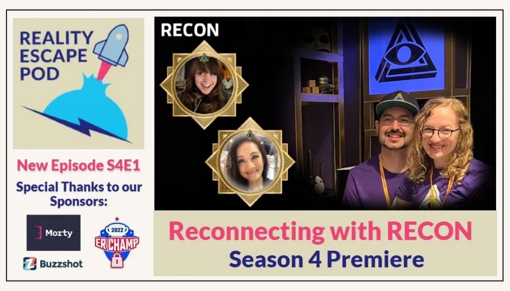 man and woman smiling together, both in purple shirts in front of a decorative bookcase with the recon logo. There are also framed images of a smiling young woman, and a smiling asian woman.