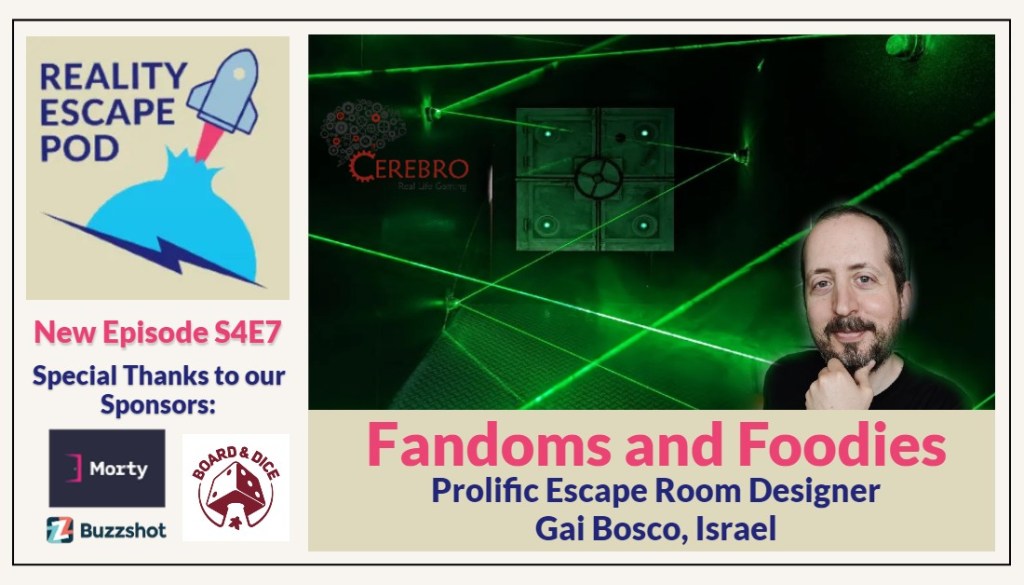 Banner image for repod, background image of safe door with laser maze, superimposed image of smiling man with short dark hair and beard, titled "Fandoms and Foodies: Prolific escape room designer, Gai Bosco, Israel"