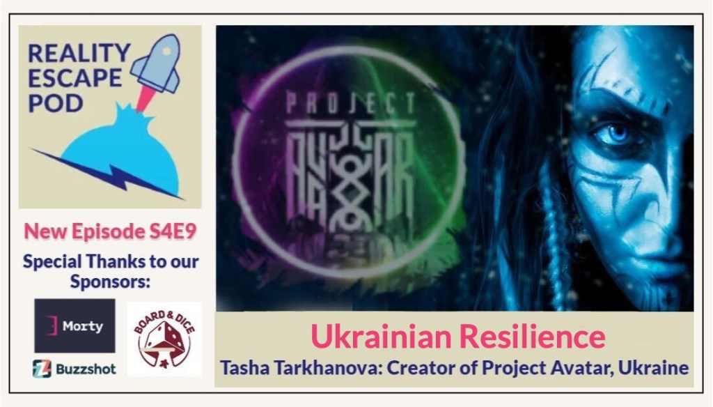 woman with blue makeup and tribal like facial markings next to a stylized logo for project avatar. titled Ukrainian Resiliance: Tasha Tarkhanova, creator of Project Avatar, Ukraine