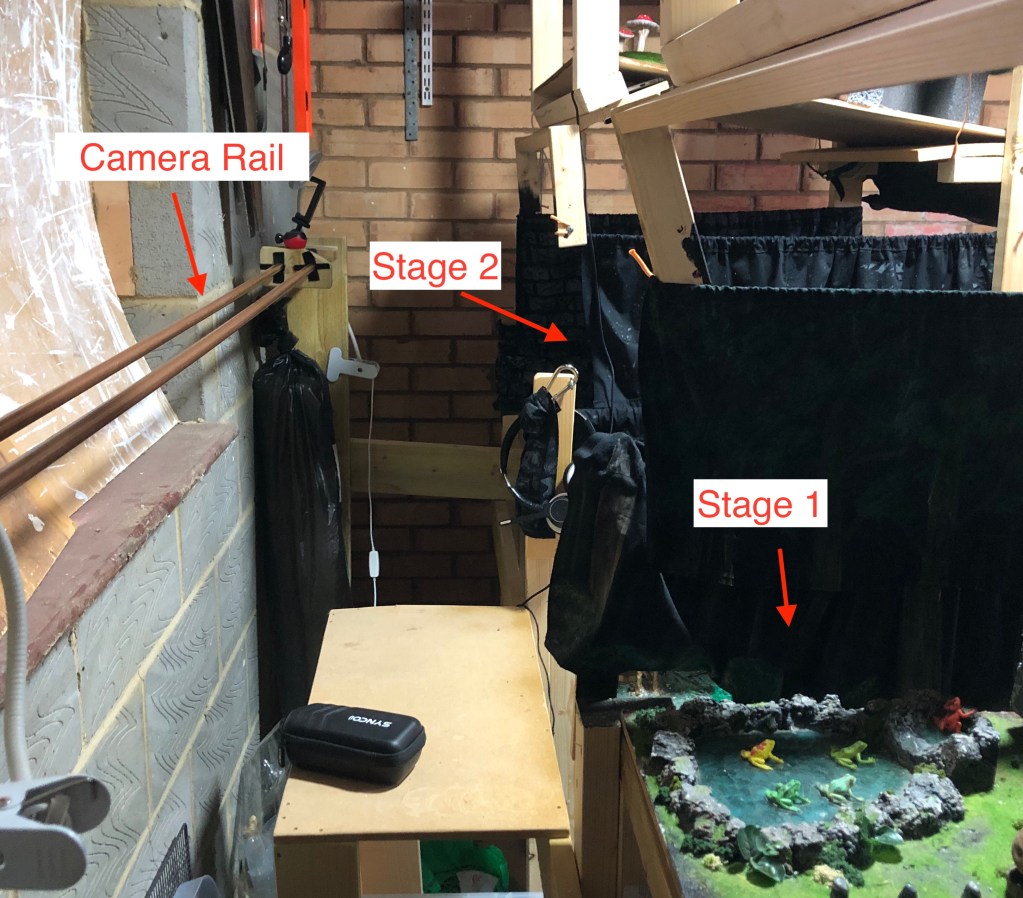 photo of backstage on the "keeper and the fungus among us" set. We can see a camera rail against the back wall. There are black curtains separating Stage 1 from stage 2. We can see a glimpse of stage 1 which includes a miniature pond with colorful plastic toy frogs inside.