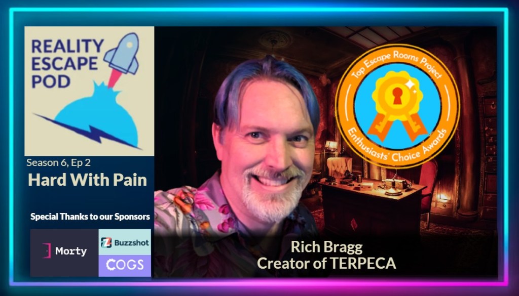 Hero image for S6E2 of REPOD, title says "hard with pain, Rich Bragg: Creator of TERPECA". Image of smiling man with blue hair and a white/grey beard. There is the logo for the TERPECA which is an award ribbon with keys and a lock. Background of a moody decorated office set.