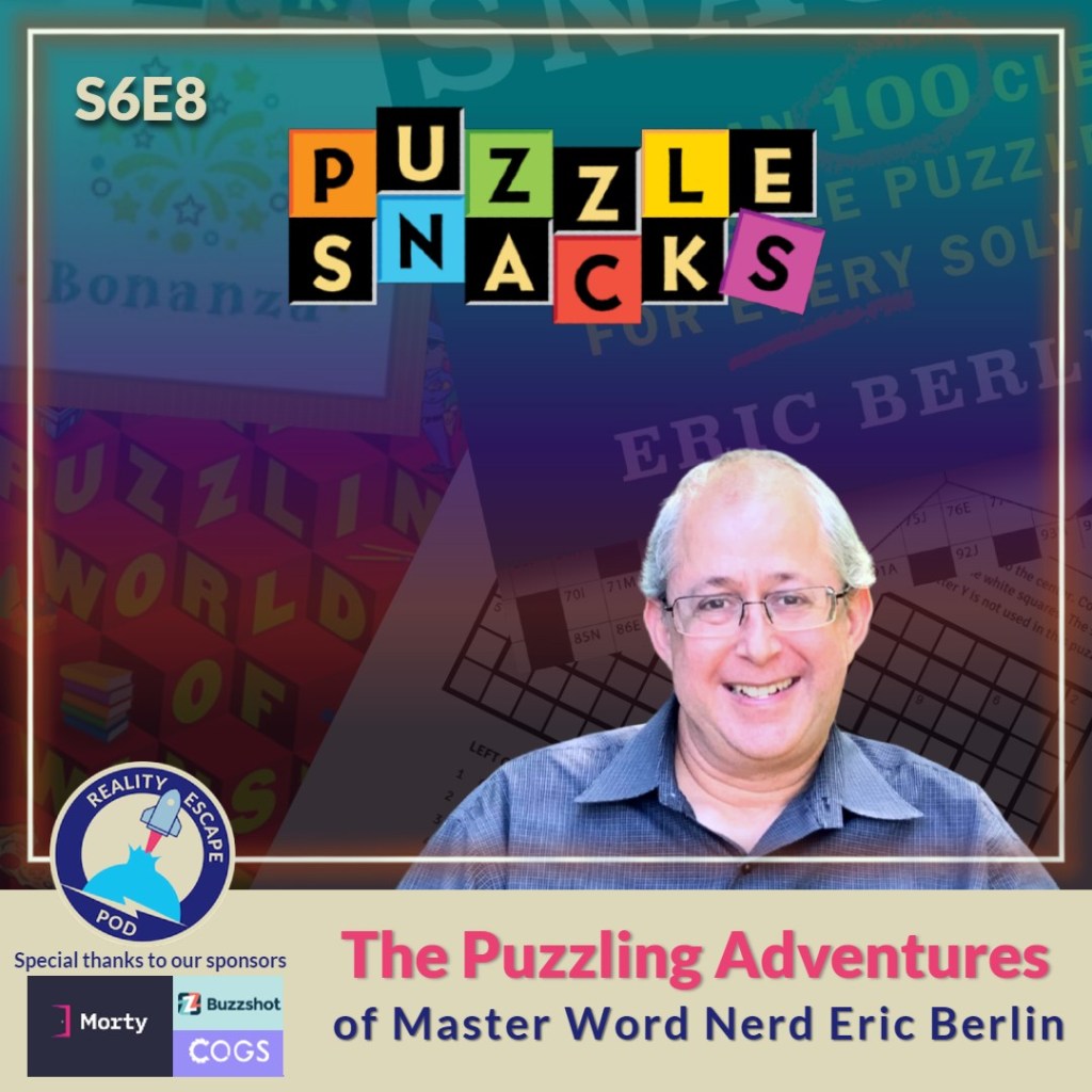 hero image for REPOD season 6 episode 8 titled "The Puzzling Adventures of Master Word Nerd Eric Berlin" older man with white hair and glasses, smiling wearing a plaid blue button down shirt