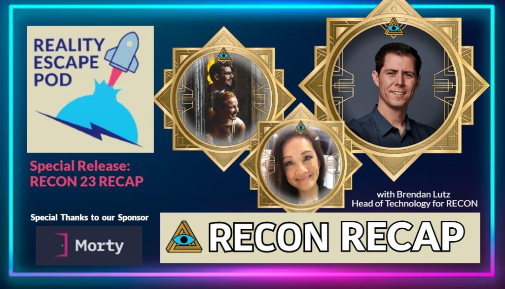 Hero image for REPOD special release Recon '23 recap with Brendan Lutz, Head of Technology for RECON. Image of man with neatly combed hair smiling in a dark blue button down shirt. Image of man in glasses and goatee looking to the right, underneath him is a blonde woman smiling and looking to the right. They are peeking out from behind a door. Image of a smiling asian woman with long dark hair and a white shirt. All images are surrounded with ornate gold frames.