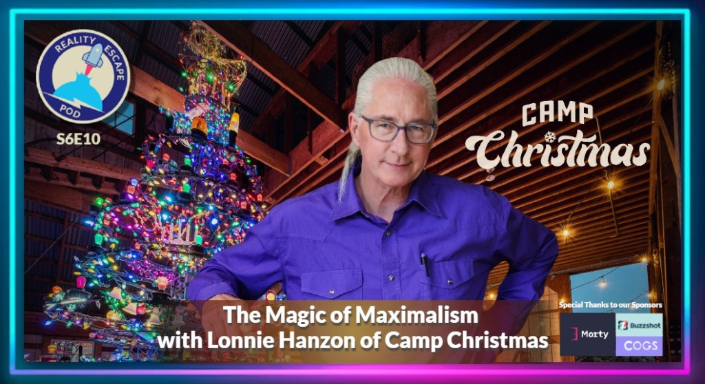 hero image for repod S6E10 titled The Magic of Maximalism with Lonnie Hanzon of Camp Christmas. older man with long white hair in a low ponytail, smiling, wearing purple glasses and a long sleeved purple shirt in front of a christmas tree made of lights.