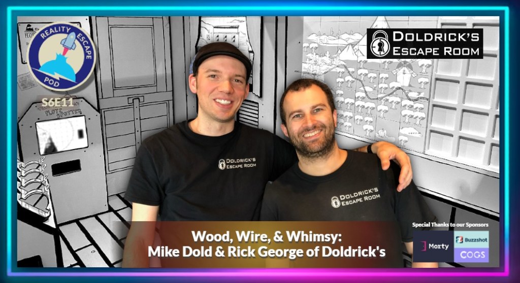 hero image for Season 6, episode 12 of REPOD. two men, both in black t-shirts that say "doldrick's escape Room". One is wearing a black newsboy had and is clean shaven. the other man is smiling with green eyes, short brown hair and a short beard. They are in front of a black and white cartoon looking room. The title of the image says "wood, wire, and whimsy: Mike Dold and Rick George of Doldrick's"