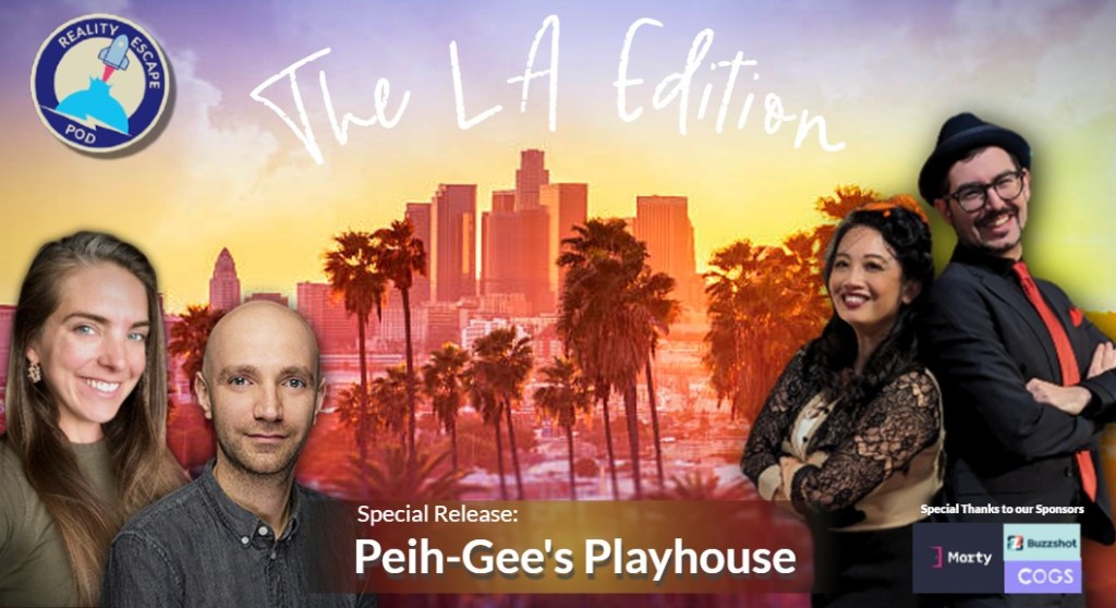 hero image for REPOD special release: Peih-Gee's Payhouse. Background is los angeles with palm trees in front of a cityscape. There's an asian woman smiling in beige and black lace sweater standing back to back with a caucasian man wearing a hat, glasses, and a black suit with a red tie. They both have their arms crossed. There is also a caucasian man smiling with a bald head and a black denim button down shirt. Behind him is a caucasian woman smiling with long dark blond hair and an olive green shirt.