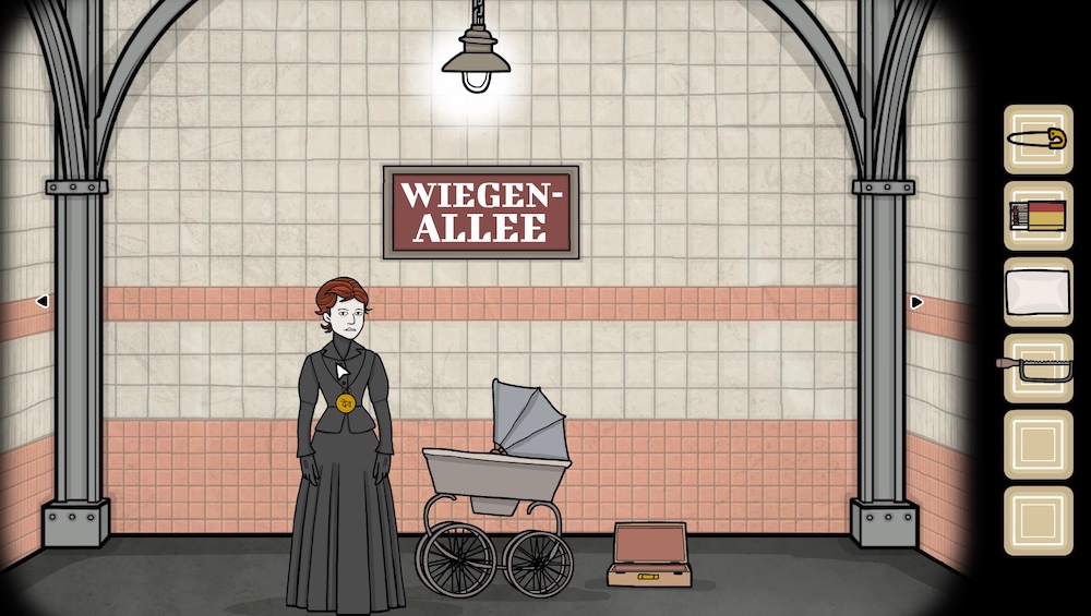 A red haired woman in a long black dress standing next to a baby carriage in the Wiegen-Allee station.