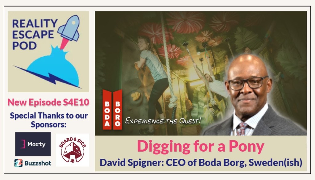 background of people hanging from ropes and the wall, in front is an image of an african american man in a suit with glasses and shaved head, the logo for Boda Borg, and titled Digging for a Pony: David Spigner, CEO of Boda Borg, Sweden(ish)