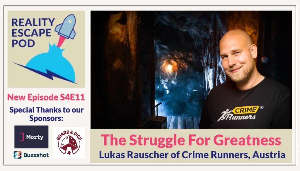 man with shaved head, smiling, wearing black T-shirt that says "crime runners" with background of an underground tunnel with boxes of tnt, titled "The Struggle for Greatness: Lukas Rauscher of Crime runners, austria