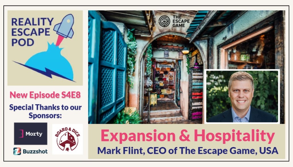 escape room decorated to look like a moroccan marketplace, with image of smiling man in a suit, titled Expansion & Hospitality: Mark Flint, CEO of The Escape Game, USA