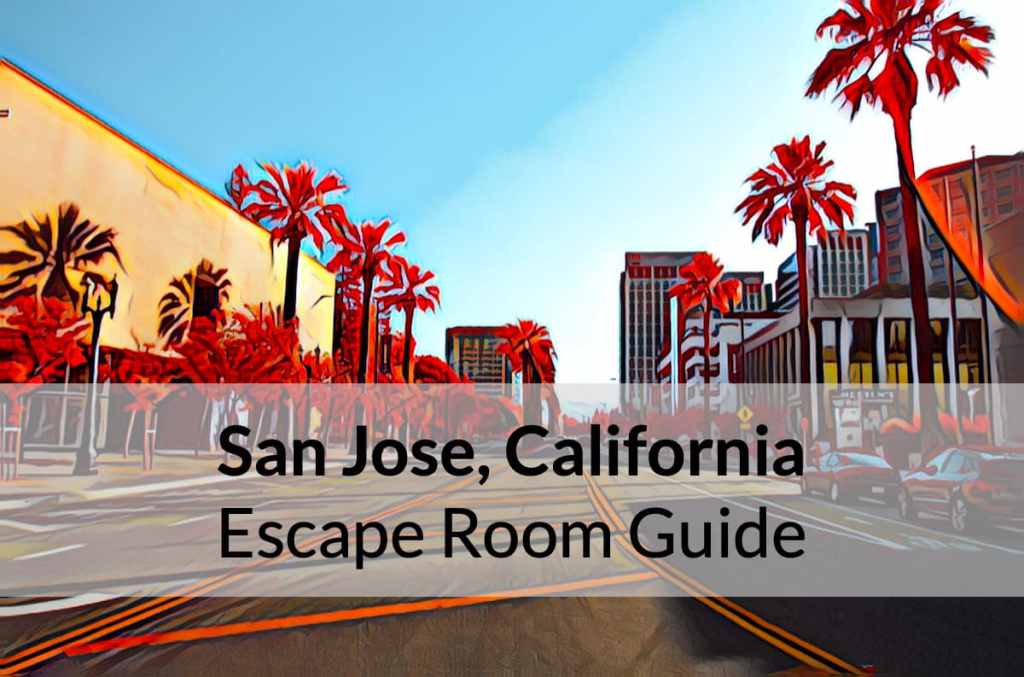 Image: A street flanked by palm trees and buildings Text: "San Jose, California Escape Room Guide"