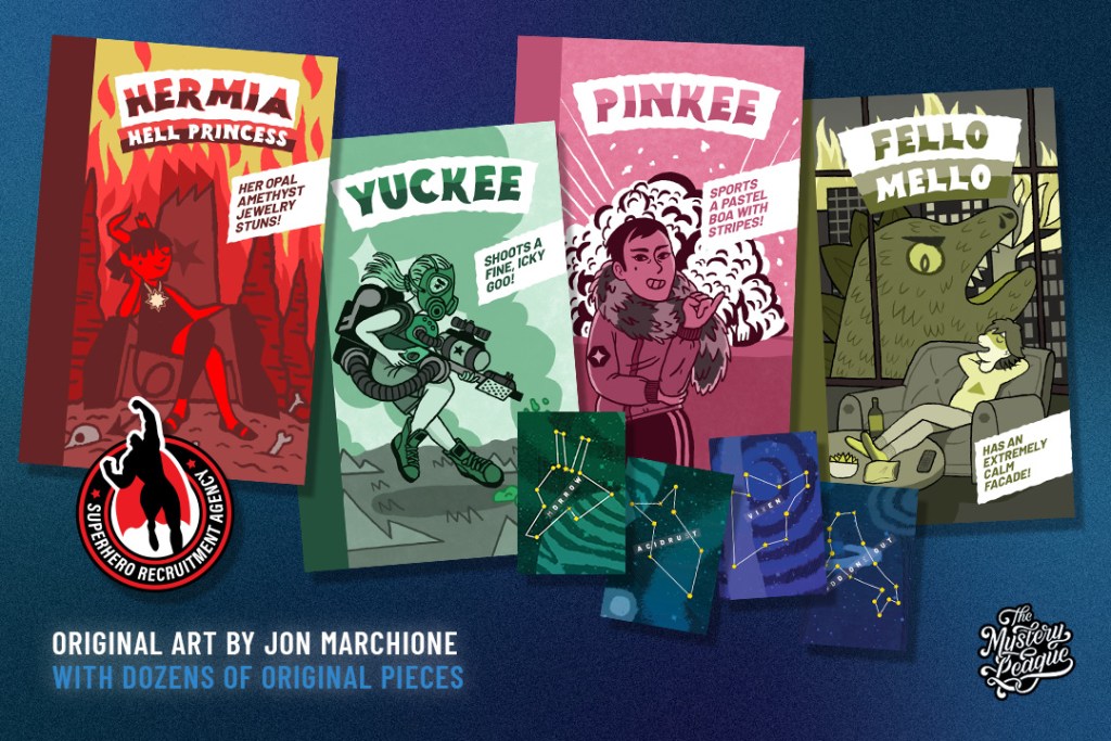 illustrated cards from the puzzle hunt game Search for a Superhero.