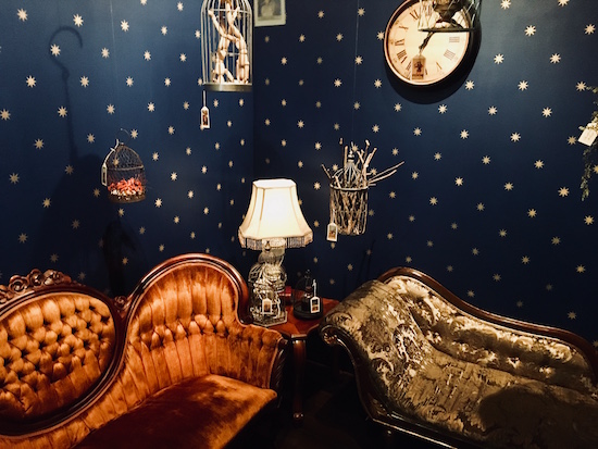 A navy blue room with the walls covered in stars. Strange tagged cages hang above a pair of antique chaise lounges. 