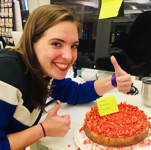 Theresa Piazza with a flaming hot cheetos cheesecake