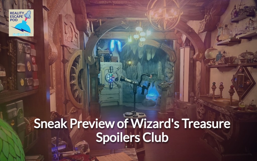 beautiful wizard's workshop with glass jars on shelves, telescope in the middles and crystal cavern in the back. title reads "Sneak preview of Wizard's Treasure Spoilers club"
