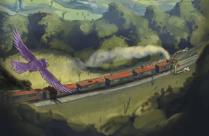 Illustration of a cartoon train with arms on a track. A bird flies overhead.