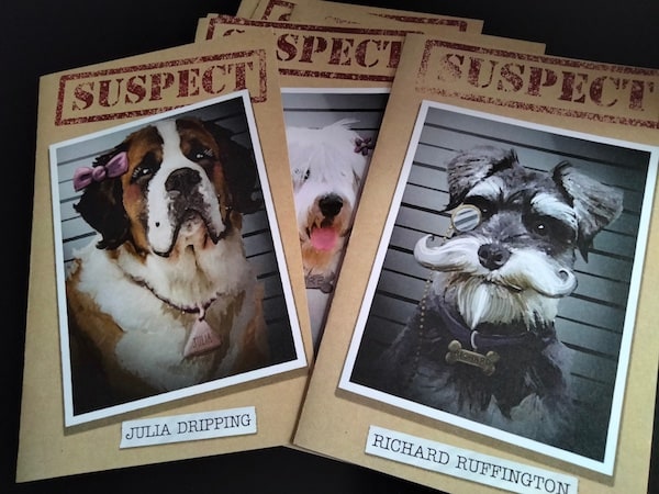 A stack of suspect files featuring mugshots of illustrated dogs, with Julia Dripping and Richard Ruffington at the top