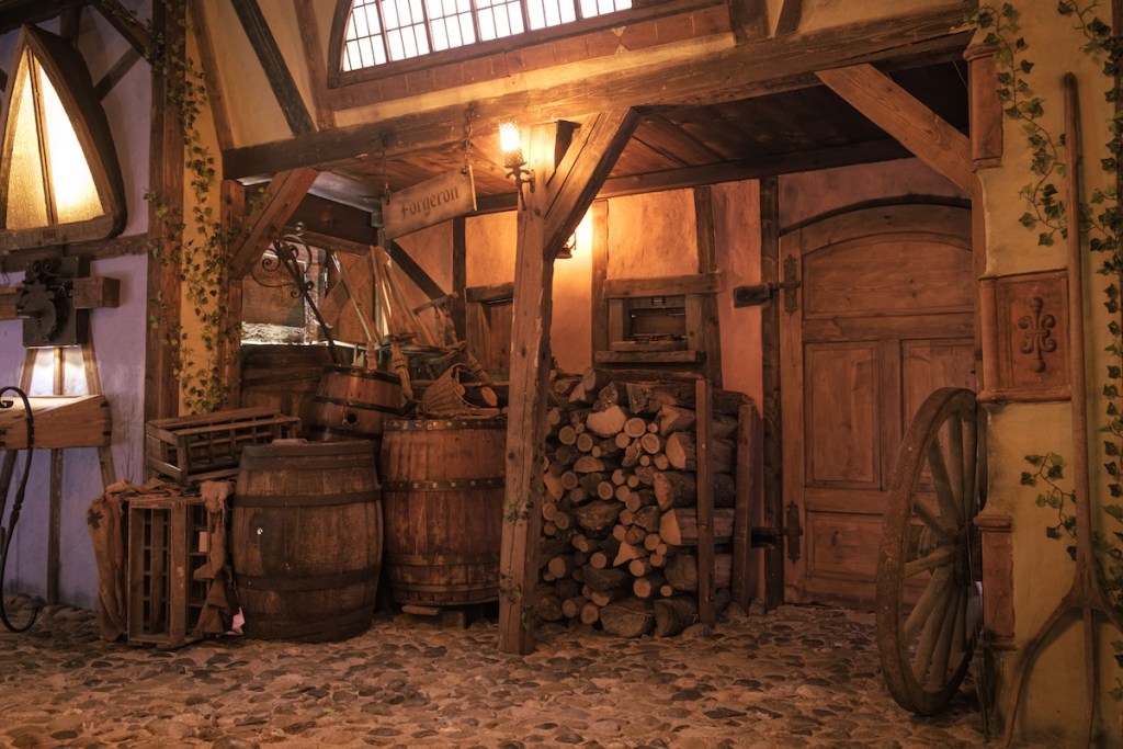 A rustic storefront and cobblestone pathway in a medieval village