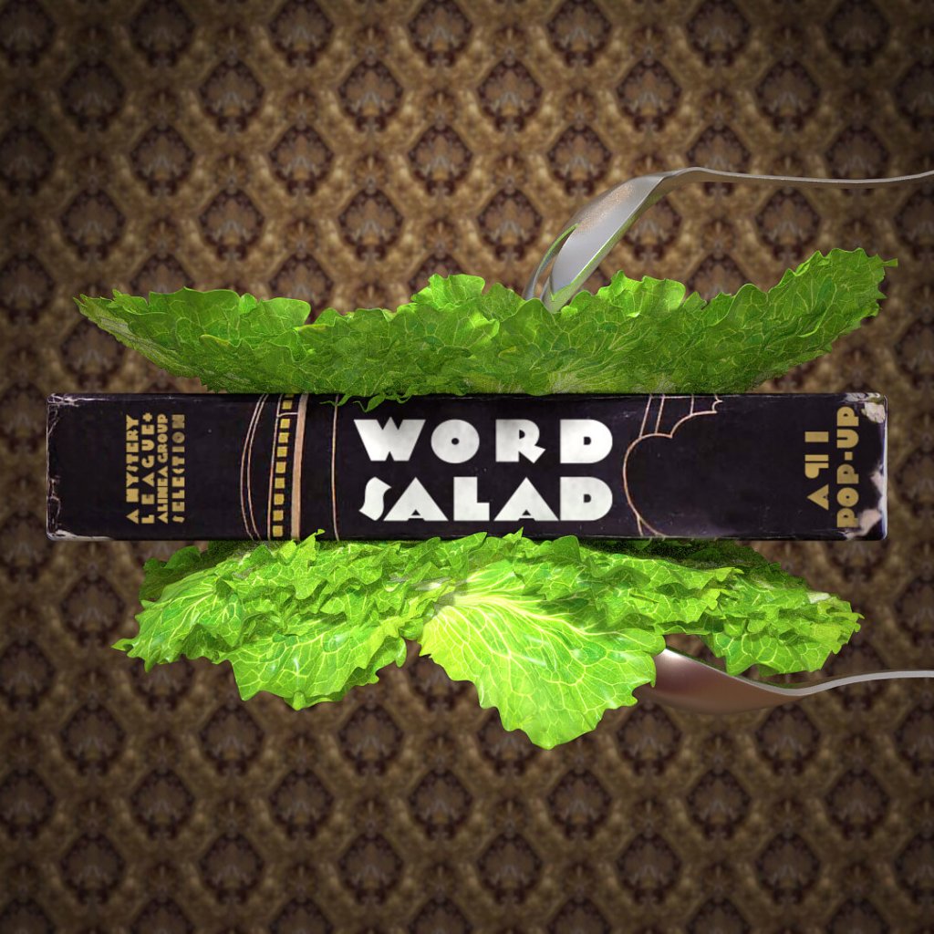 puzzle image from pilcrow bar puzzle hunt. book titled word salad, between two pieces of lettuce held between two spoons