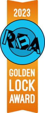 Blue REA logo against a golden ribbon reads, "2023 Golden Lock Award"