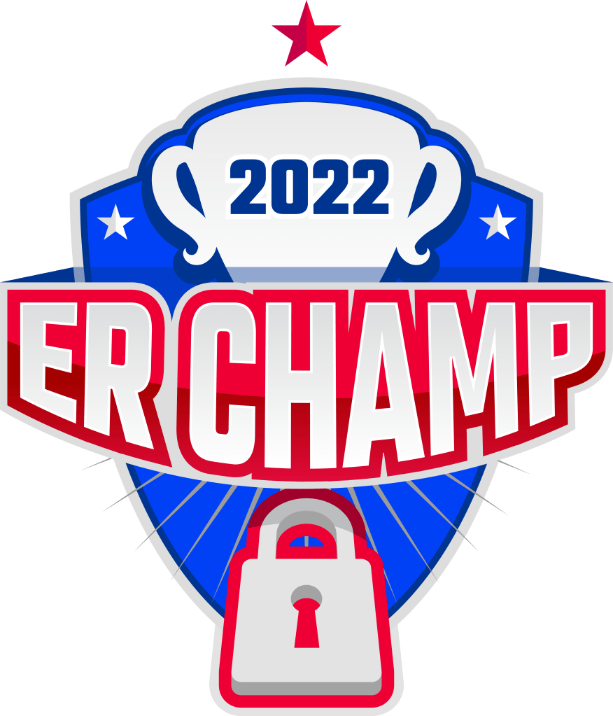 Logo for the Escape Room Championship. white trophy with a red star over it against the background of a blue shield. there is a grey padlock outlined in red at the bottom