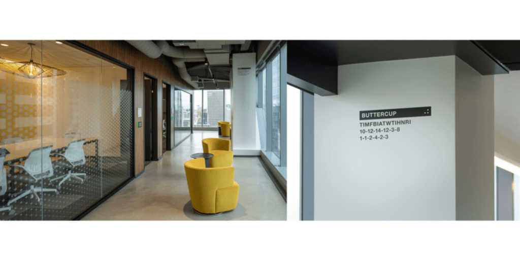 image of office building with glass walled meeting rooms, and yellow chairs in the hallway. image of pillar with puzzle clues