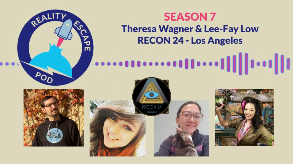 Hero image titled Theresa WAgner & Lee-Fay Low, RECON 24 - Los Angeles. from left to right, Man in black hoodie with glasses and goatee, young woman smiling with colorful eyeliner, asian woman wearing glasses and holding a cat, asian woman smiling in a safari outfit holding a machete.