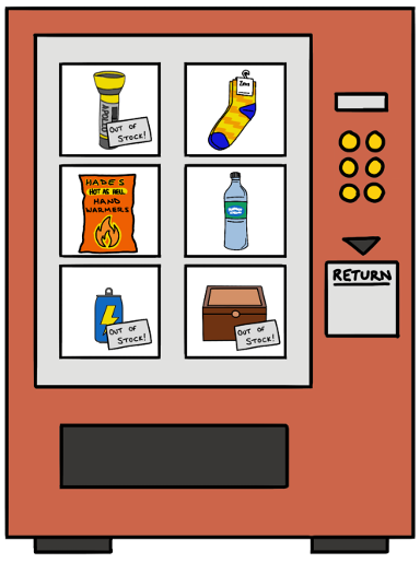 image of a vending machine with items like socks, water bottle, wood box, can with lighting, hand warmers and a flashlight. some items have an "out of stock" label