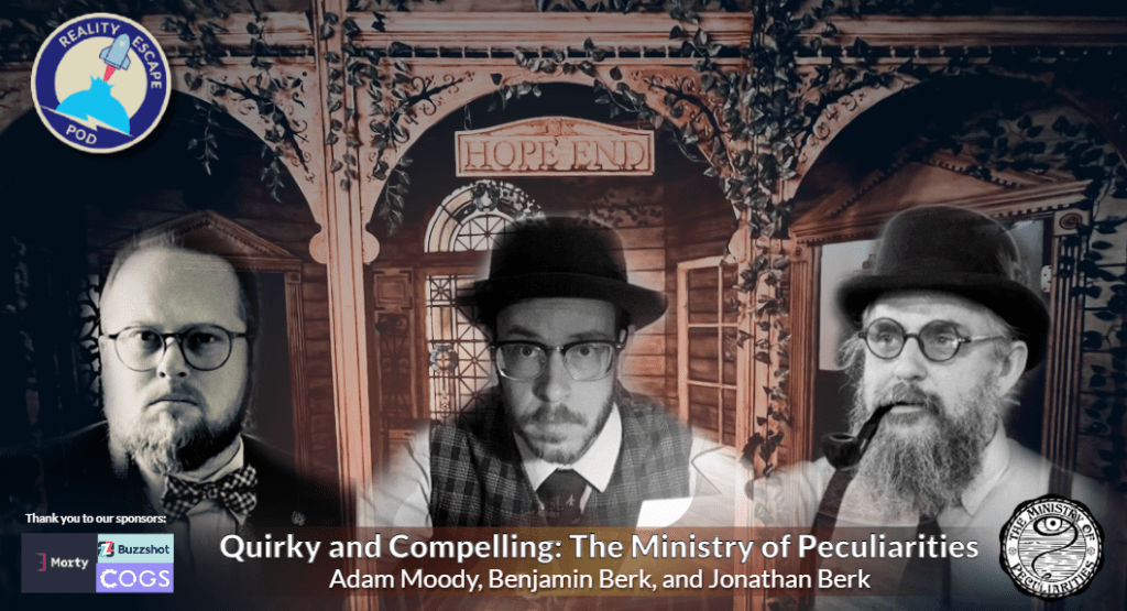 hero image for repod s7e1 ministry of peculiarities. background is veranda covered in ivy with sign that says "hope end". Floating in front are ghostly images of three men dressed in antique looking clothing. Leftmost man is wearing glasses with his hair slicked back, serious expression on his face. he's wearing a blazer, herrinbone vest and plaid bowtie. Middle man is wearing a porkpie hat, glasses, plaid vest with a tie. rightmost man is wearing a bowler hat, round spectacles, long beard with a pipe. he is wearing a white button down shirt with a tie and suspenders.