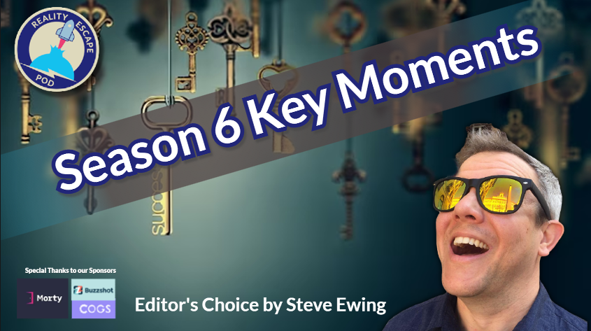 hero image for Season 6 Key moments of REPOD. background of antique keys hanging, image of a man with salt and pepper hair, wearing sunglasses, looking up with a wide mouth grin. Bottom says "editor's choice by steve ewing".