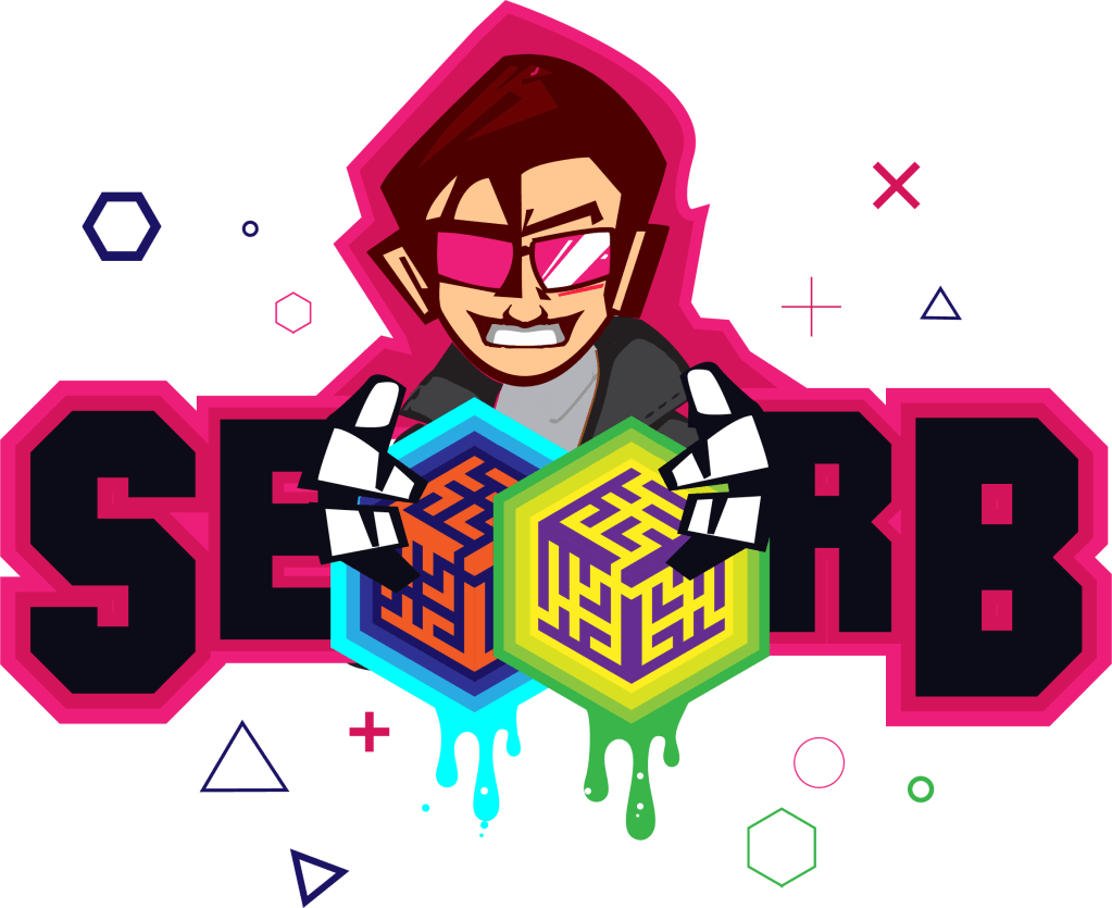 seo orb logo. cartoon man wearing pink sunglasses holding 2 puzzle cubes